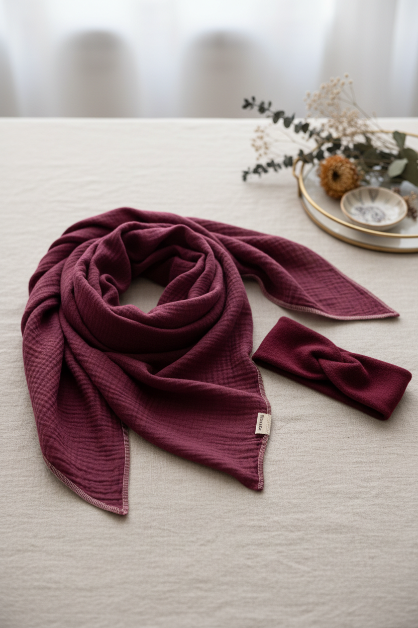 XXL Musselintuch Dreieckstuch mit Stirnband Walklodenstirnband bordeaux