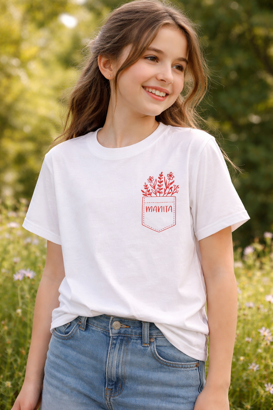 Kurzärmeliges Shirt für Kinder in weiß mit floraler Brusttasche