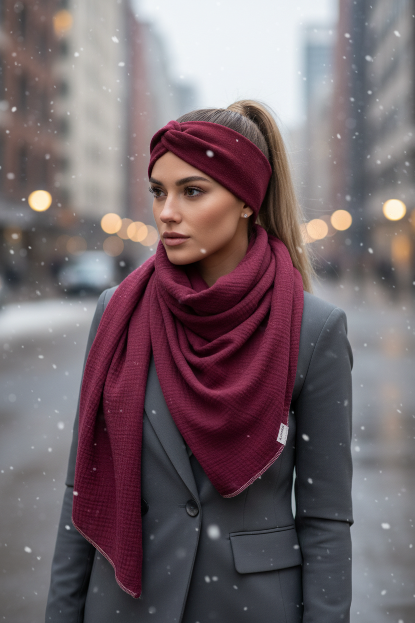 XXL Musselintuch Dreieckstuch mit Stirnband Walklodenstirnband bordeaux