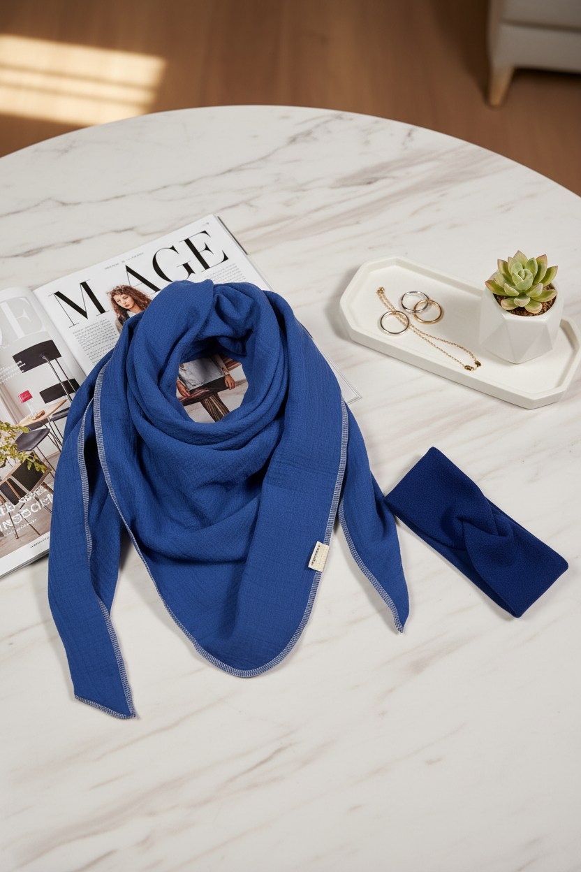 XXL Musselintuch Dreieckstuch mit Stirnband Walklodenstirnband blau