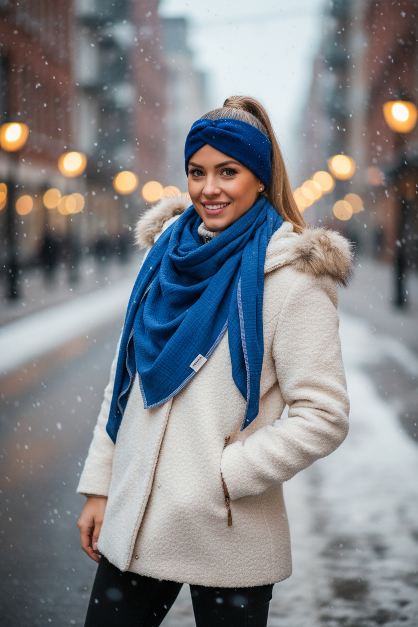 XXL Musselintuch Dreieckstuch mit Stirnband Walklodenstirnband blau