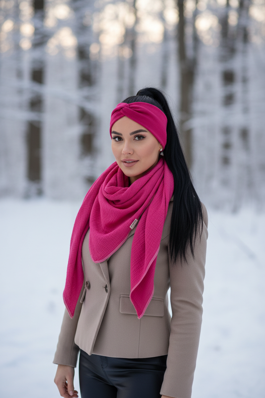 XXL Musselintuch Dreieckstuch mit Stirnband Walklodenstirnband pink