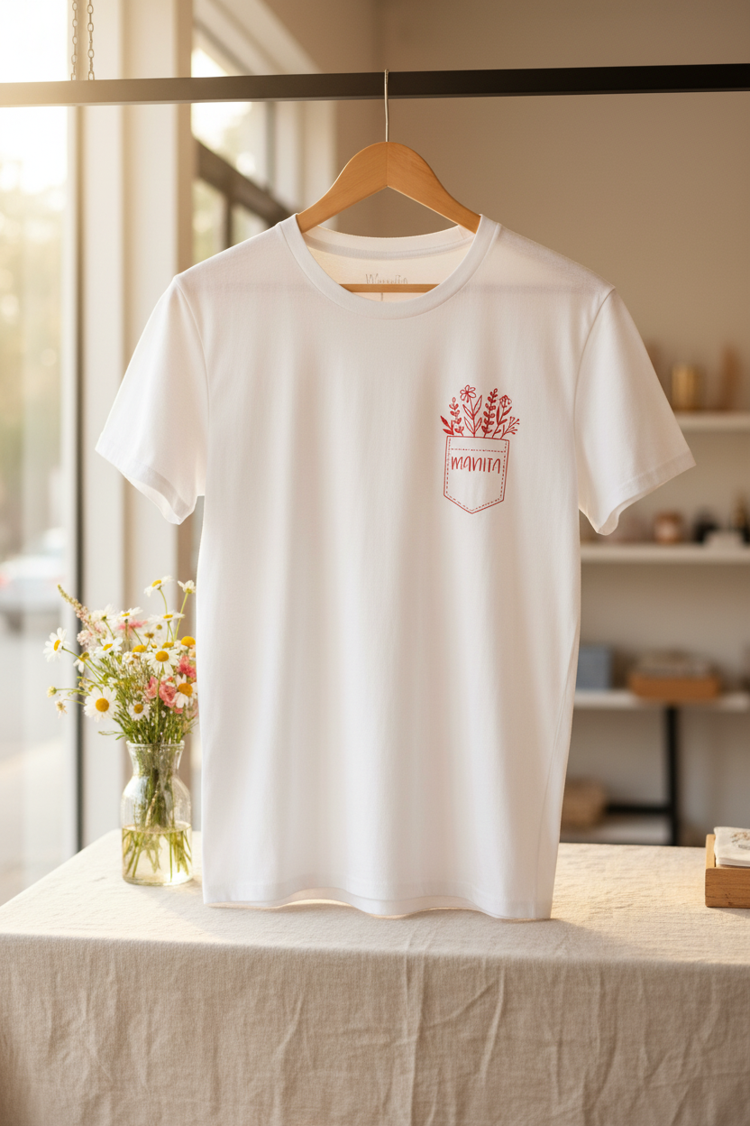 kurzärmeliges Shirt für Damen in weiß mit floraler Brusttasche