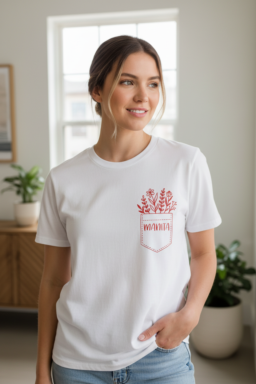 kurzärmeliges Shirt für Damen in weiß mit floraler Brusttasche